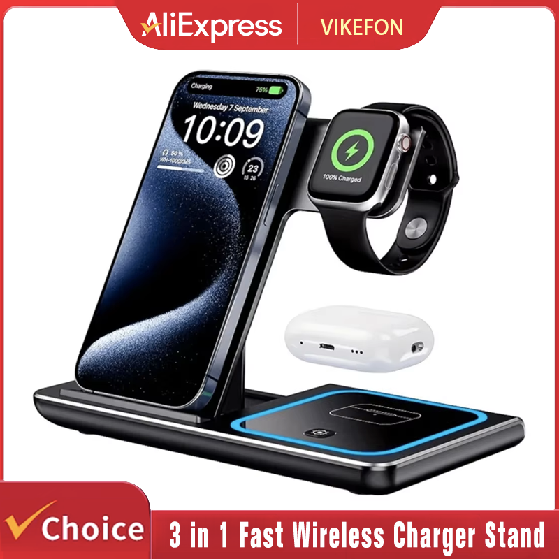 3 in 1 Wireless Charger Stand Pad Foldable Fast Charging Station Dock For iPhone 17 16 15 14 13 12 11 X 8 Apple Watch Airpods