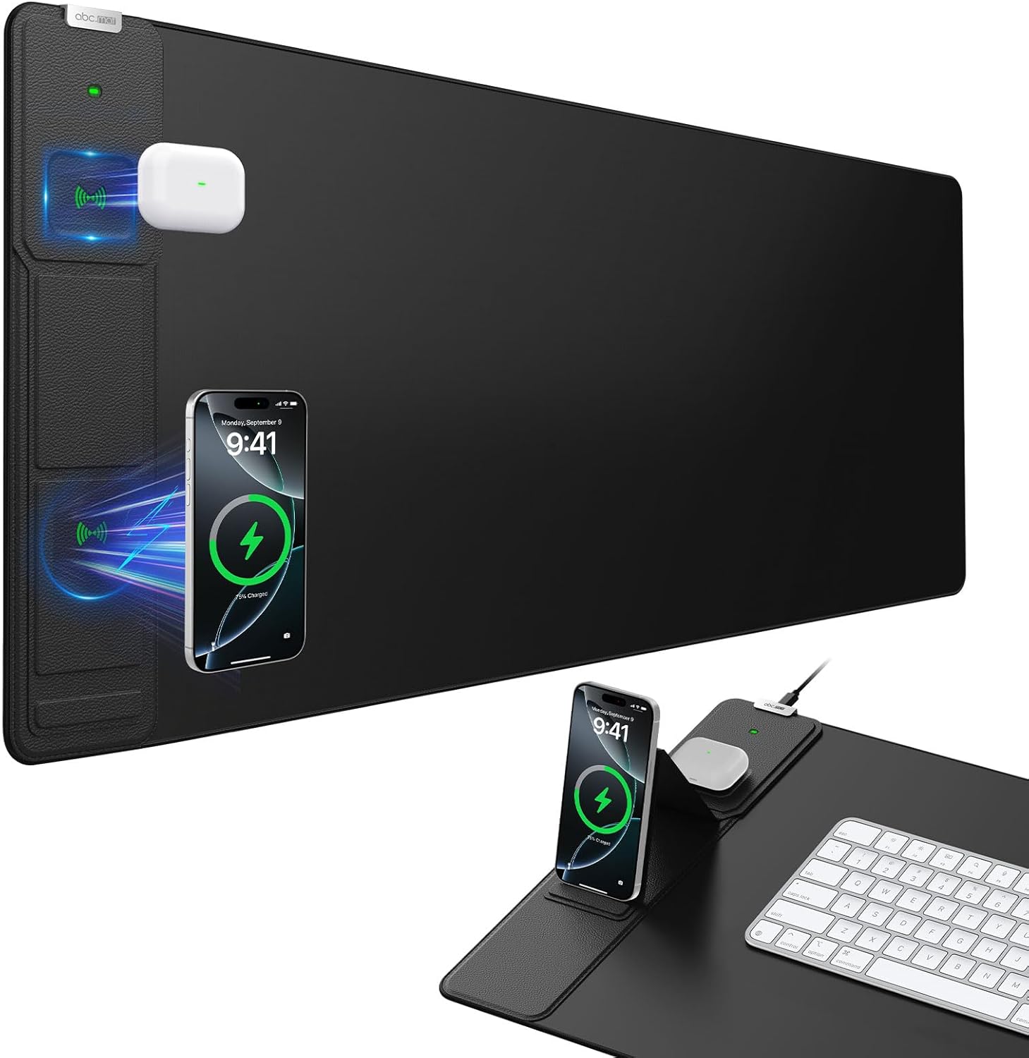 Wireless Charging Mouse Pad with Foldable Phone Holder, Large Desk Mat for Laptop Keyboard, Waterproof Smooth Surface