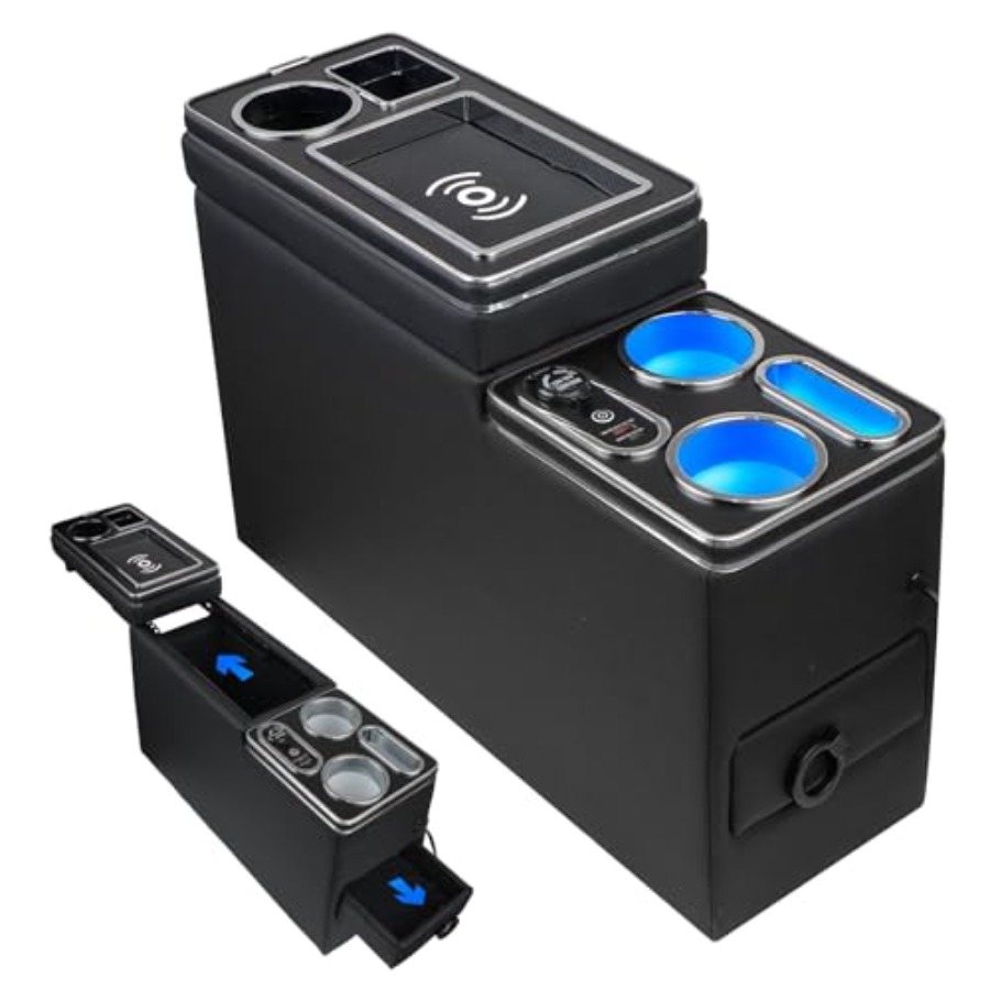 Center Console Between Seat Organizer for Minivans SUVs - Black with Wireless Charging Pad Blue LED Ambient Light Phone Holder