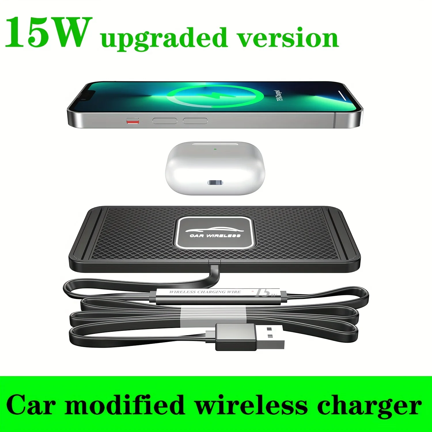 15W Upgraded Car Wireless Charger, USB Connector Wireless Charging Pad with Non-Slip Rubber Mat, for iPhone 11-16, Samsung
