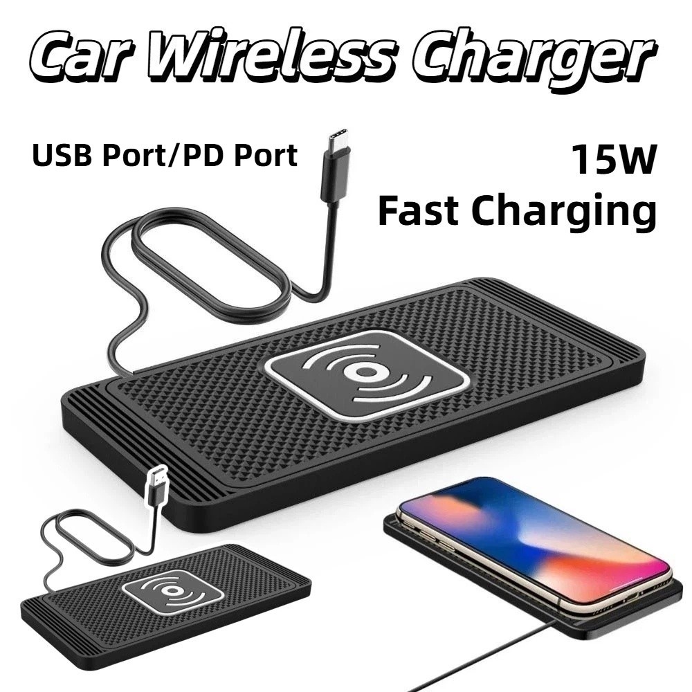 Fast Charging Car Wireless Charger Non-Slip Pad Type-C USB Port Car Charging Pad 15W Universal Auto Charging Pad Dashboard Mount