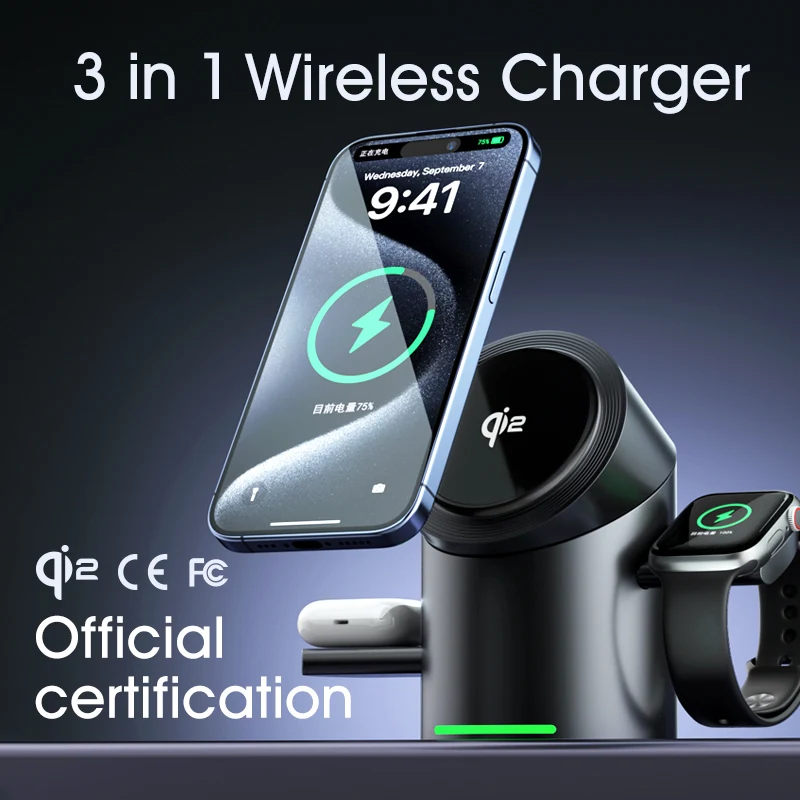 Smart 15W Qi2 3 In 1 Magnetic Autorotation Wireless Charger For Android iPhone iWatch Airpods Magsafe Fast Charging Dock Station