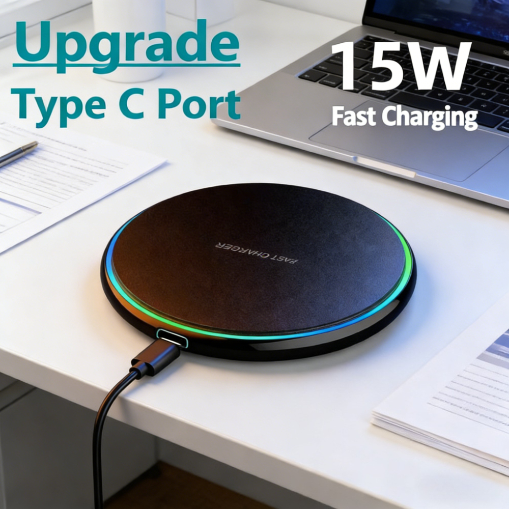 Portable 15W Wireless Charger LED Pad Fast Charging Dock Station Universal Phone Wireless Charger Induction With Type-C Cable
