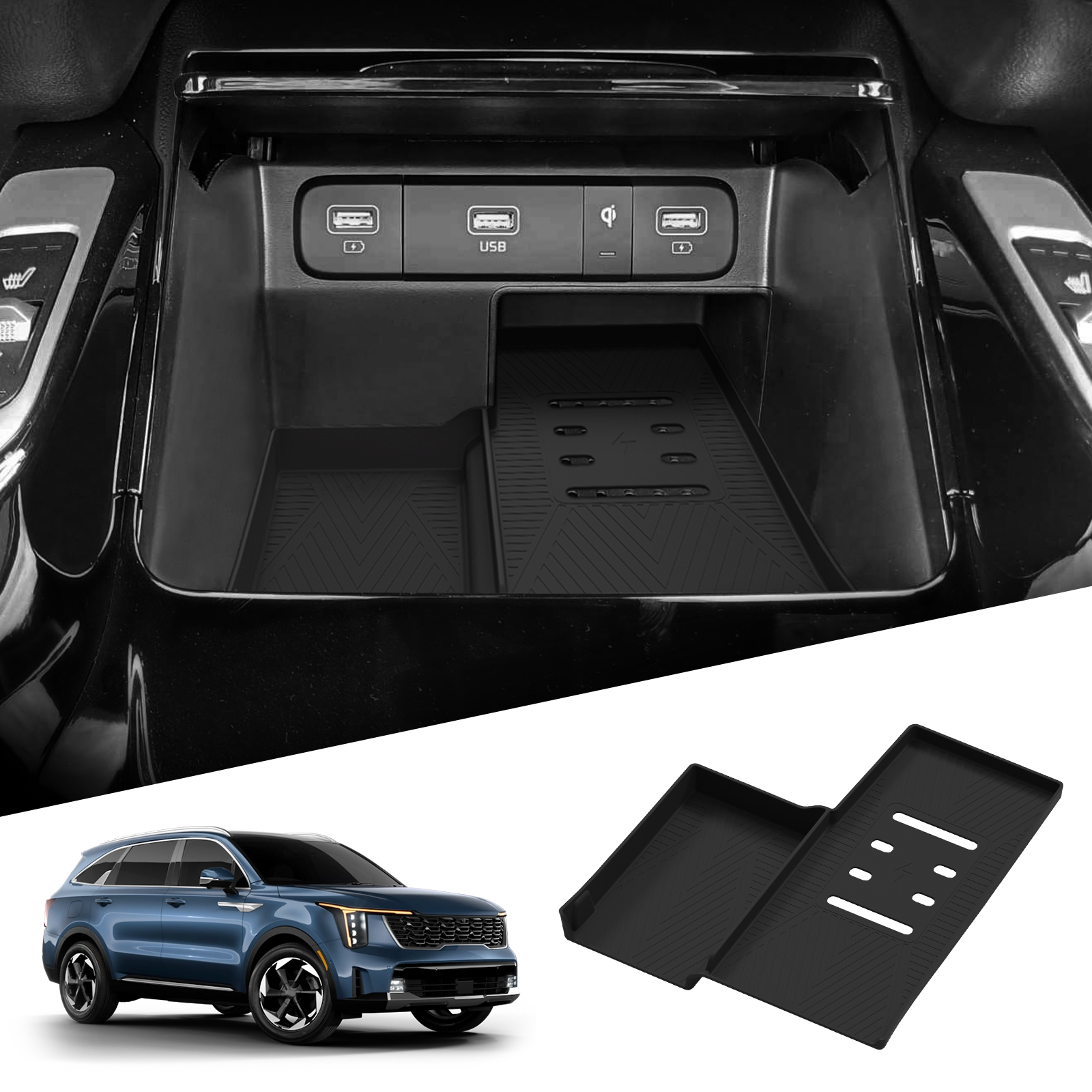 for Kia Sorento 2021- 2025 Phone Wireless Charging Mat Protective Pad Storage Box Organizer Car Interior Accessory（North Us）