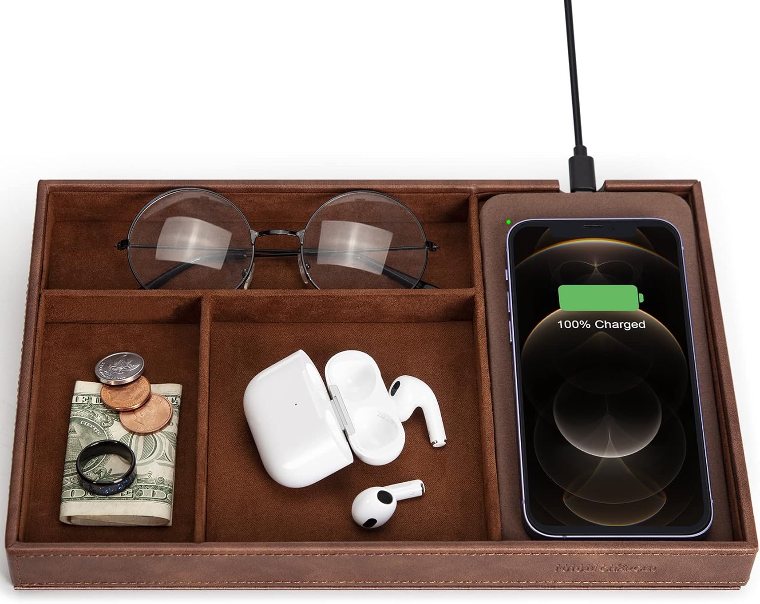 Valet Tray, Built in Wireless Charging Pad, Nightstand Organizer, Dresser Organizer, Mens Jewelry Box, Valet Charging St