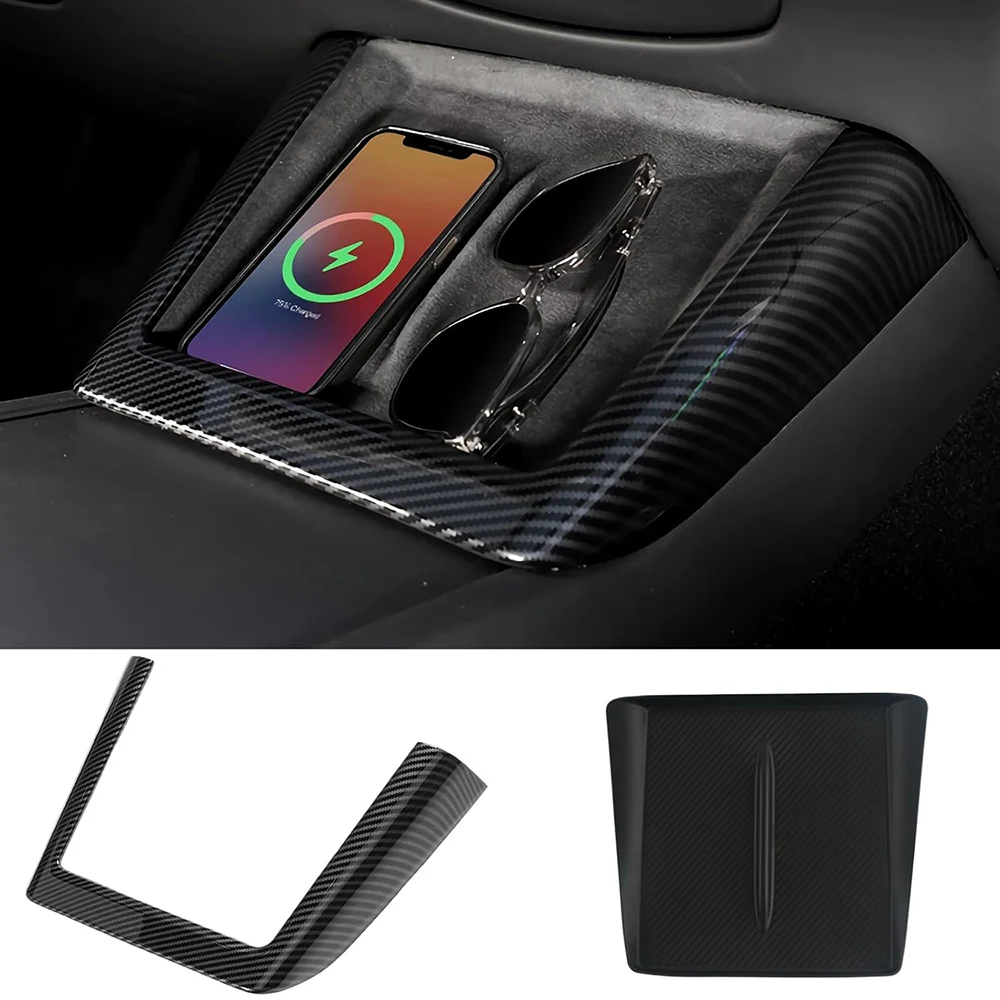 Wireless Charger Mat Phone Charging Silicone Pad with Center Console Carbon Fiber Trim Cover for Tesla Model 3 Highland 2024
