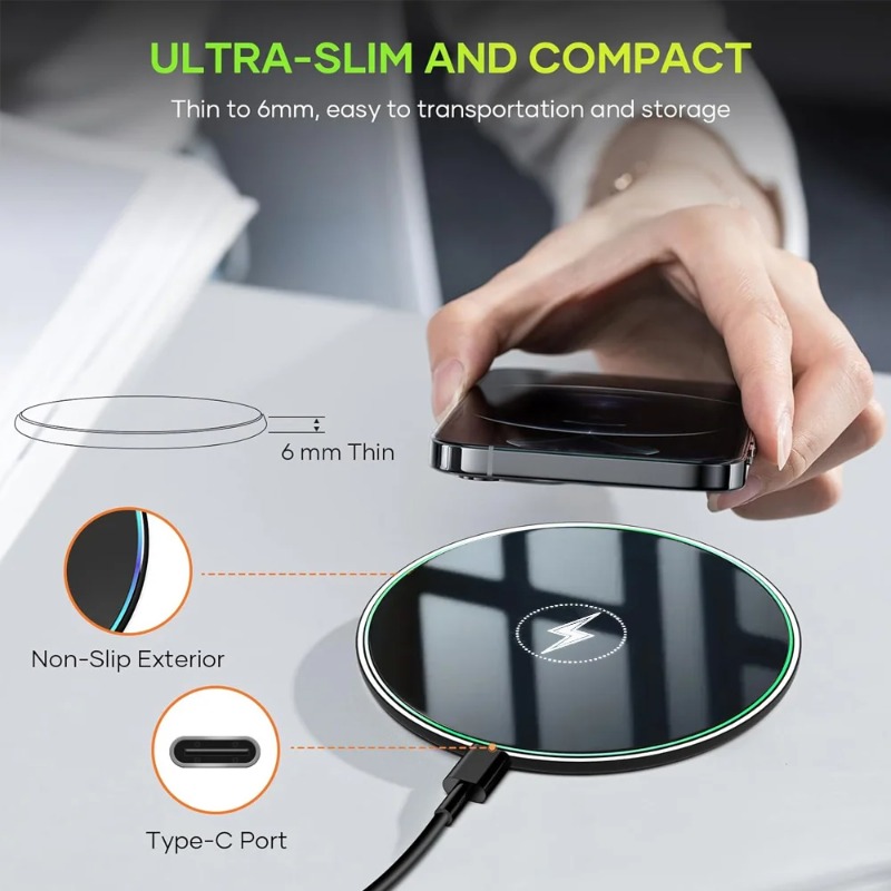 Ultra Slim Wireless Charger Pad Mirror Surface Type-C Port Non-Slip Fast Charging For iPhone Android Desktop Charger Home Office