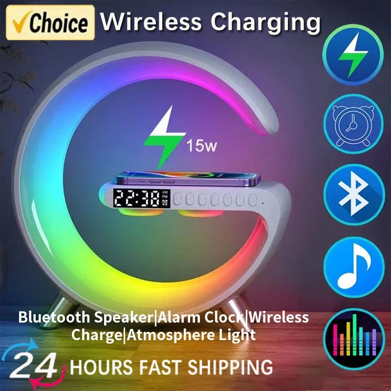 Multifunction RGB Light Bluetooth Speaker Alarm Clock 15W Wireless Charger Stand Pad For iPhone Samsung Fast Charging Station