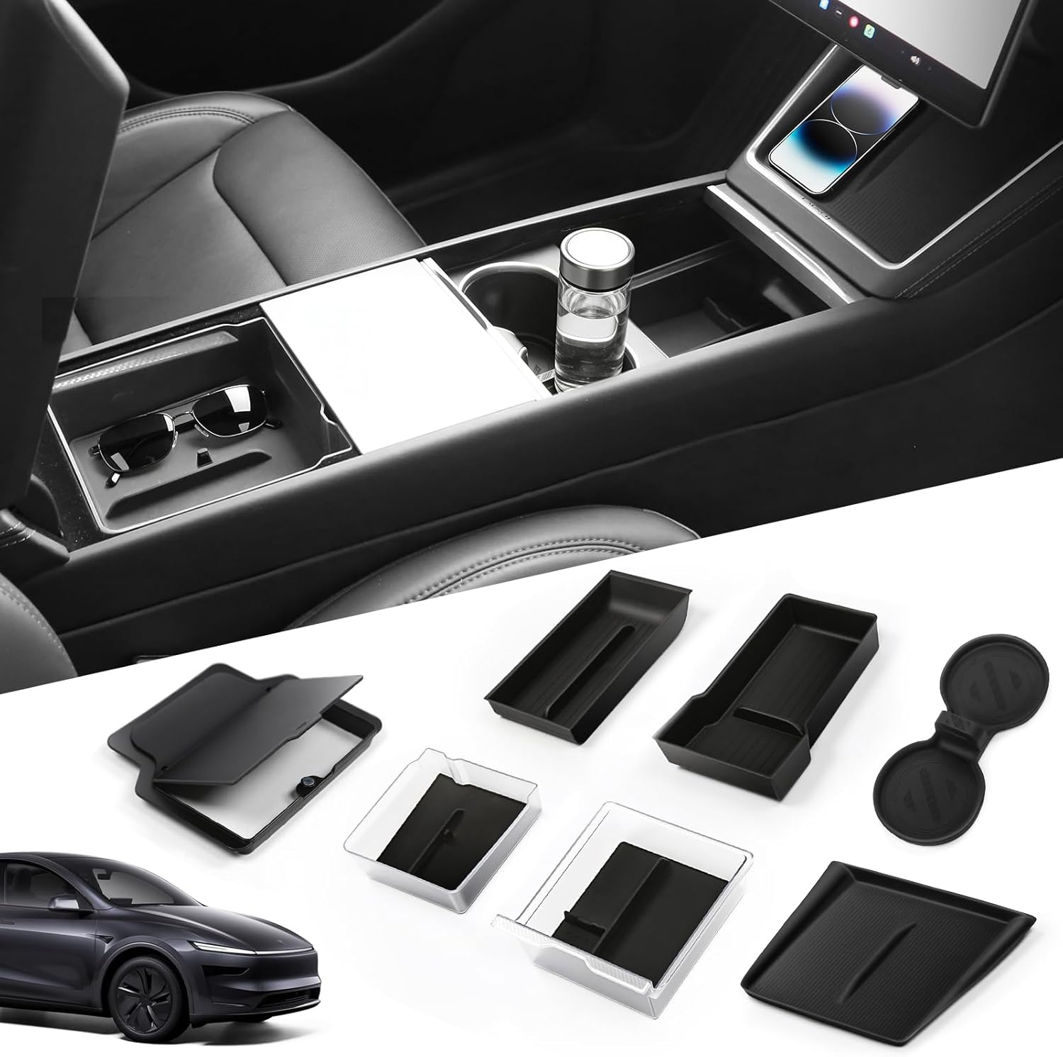 9PCS Center Console Organizer Set for Tesla Model Y Juniper 2026, Console Storage Tray Kit with Anti-Slip Wireless Charging Pad