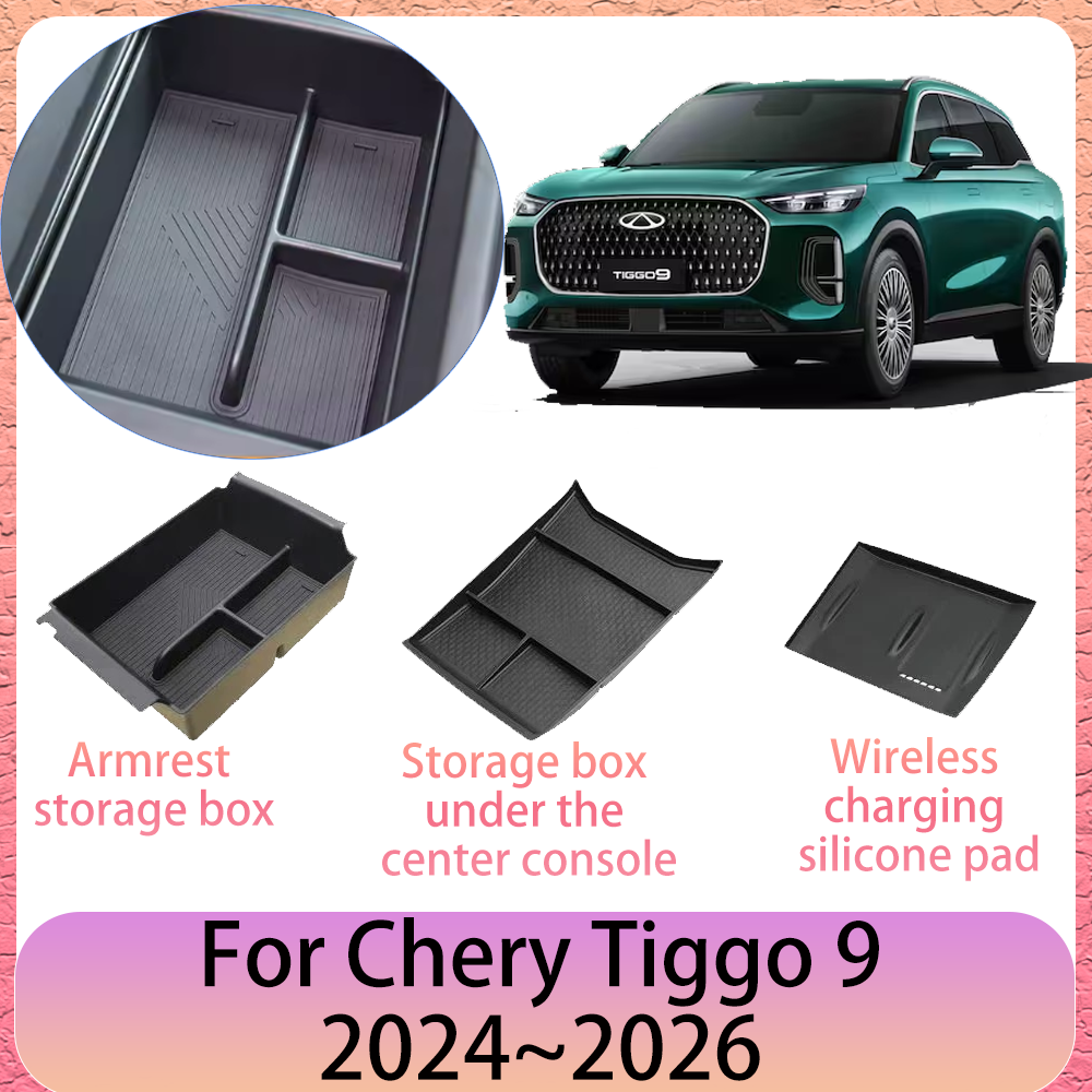 For Chery Tiggo 9 Ebro S900 2024~2026 2025 Car Armrest Storage Box  Torage Wireless Charging Silicone Pad Interior Accessories