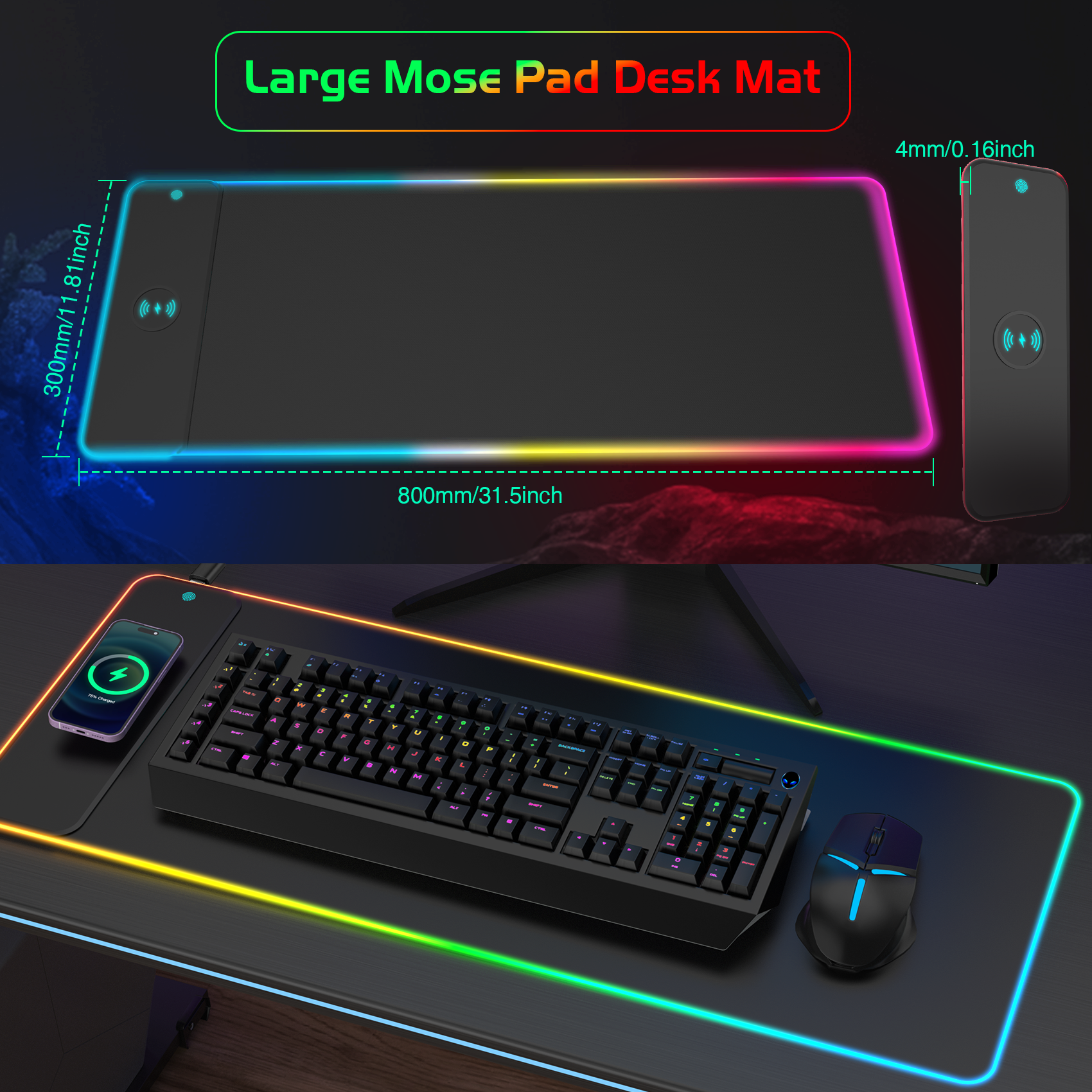 Wireless Charging RGB Luminous Mouse Pad Charger Phone Gaming Mousepad Keyboard Game Table Pad Laptop Mouse Mat Deskpad Mausepad