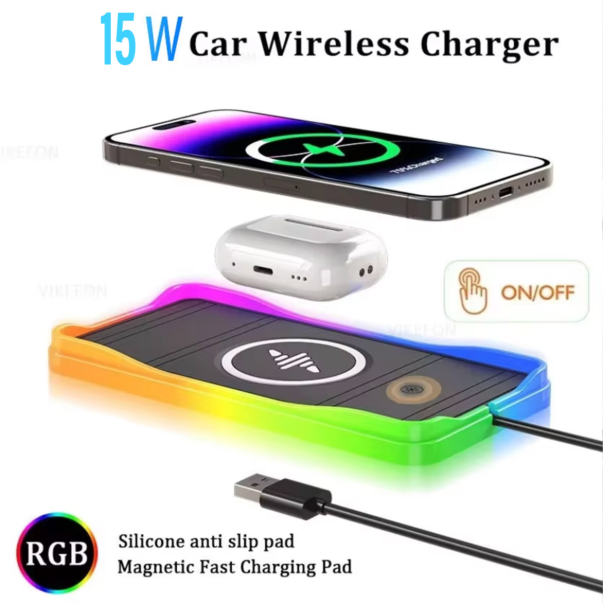 Car 15W Wireless Charger Pad ON/OFF RGB Anti Slip Base Phone Holder for iPhone 16-12 Samsung Xiaomi AirPods Pro 2 Fast Charging